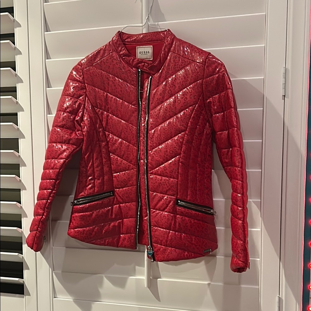 Guess Red Puffer Jacket with Glossy Finish